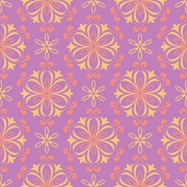 Menekşe çiçek sorunsuz arka plan. Duvar kağıtları, Tekstil ve kumaş için pembe ve sarı parlak desen