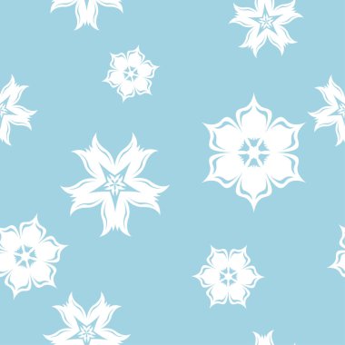 Mavi zemin üzerine beyaz çiçek süsleme. Tekstil ve duvar kağıtları için seamless modeli