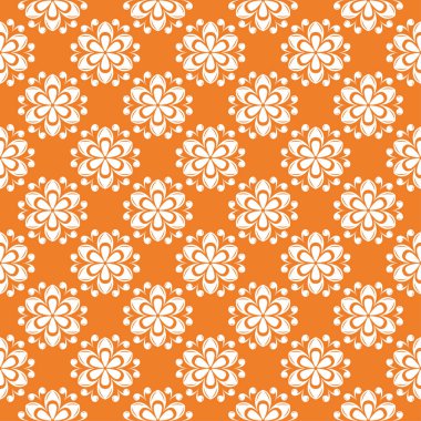 Turuncu zemin üzerine beyaz çiçek süsleme. Tekstil ve duvar kağıtları için seamless modeli