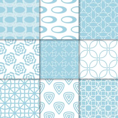 Mavi ve beyaz geometrik süsler. Web, Tekstil ve duvar kağıtları için dikişsiz desen koleksiyonu