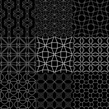 Siyah ve beyaz geometrik süsler. Web, Tekstil ve duvar kağıtları için klasik Dikişsiz desen koleksiyonu