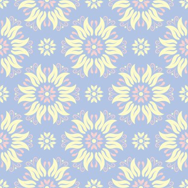 Çiçek seamless modeli. Soluk mavi arka plan duvar kağıtları, Tekstil ve kumaş için bej ve pembe çiçek öğeleri ile