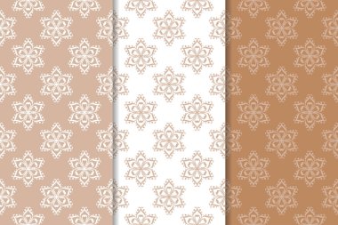 Çiçek süsler kümesi. Kahverengi, bej ve beyaz Dikişsiz desen Tekstil ve duvar kağıtları için