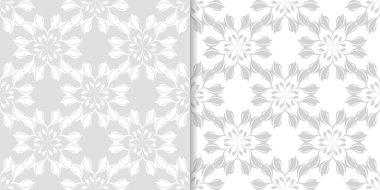 Işık gri ve beyaz çiçekli süsler. Tekstil ve duvar kağıtları için dikişsiz desen seti