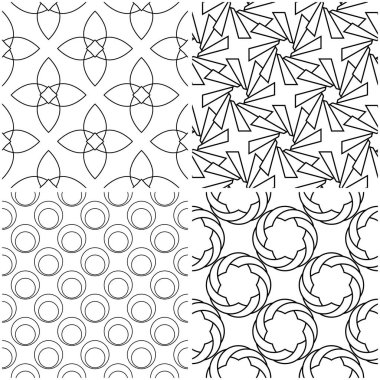 Geometrik desenler. Siyah beyaz tek renkli kesintisiz arka planlar kümesi. Vektör çizim