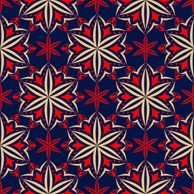 Kesintisiz mavi arka plan. Çiçek bej ve kırmızı desenli duvar kağıtları ve tekstil