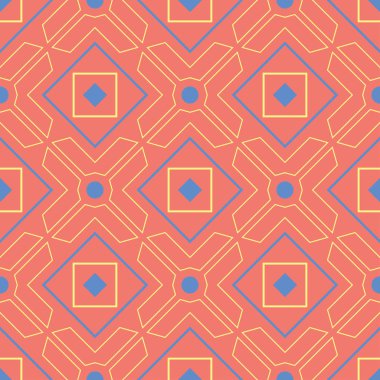 Geometrik parlak çok sorunsuz arka plan renkli. Turuncu arka plan üzerinde öğeleri mavi ve bej. Duvar kağıtları ve kumaşlar için tasarım
