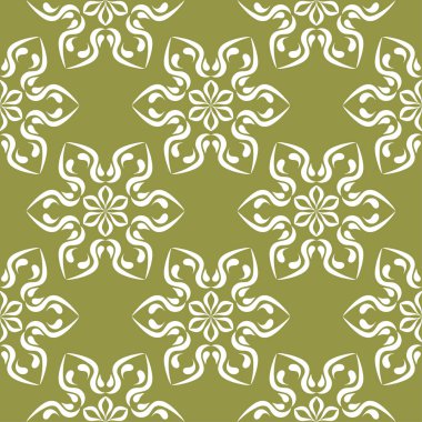 Zeytin yeşil zemin üzerine beyaz çiçek süsleme. Tekstil ve duvar kağıtları için seamless modeli