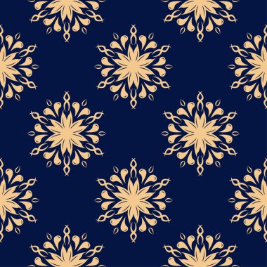 Koyu mavi zemin üzerine altın çiçek süsleme. Tekstil ve duvar kağıtları için seamless modeli