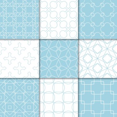 Mavi ve beyaz geometrik süsler. Web, Tekstil ve duvar kağıtları için dikişsiz desen koleksiyonu