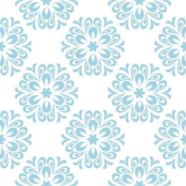 Beyaz zemin üzerine mavi çiçek süsleme. Tekstil ve duvar kağıtları için seamless modeli