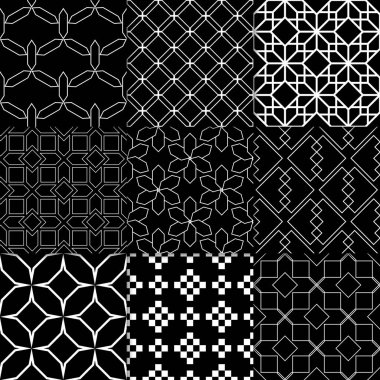Siyah ve beyaz geometrik süsler. Web, Tekstil ve duvar kağıtları için klasik Dikişsiz desen koleksiyonu