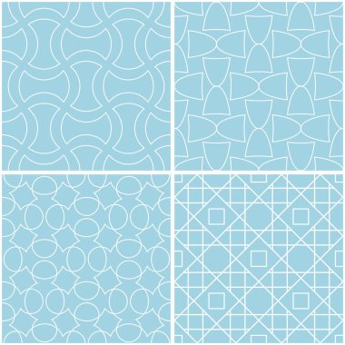 Geometrik desenler. Mavi ve beyaz sorunsuz arka planlar kümesi. Vektör çizim