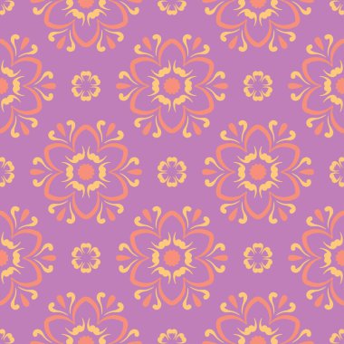 Menekşe çiçek sorunsuz arka plan. Duvar kağıtları, Tekstil ve kumaş için pembe ve sarı parlak desen