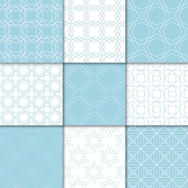 Mavi ve beyaz geometrik süsler. Web, Tekstil ve duvar kağıtları için dikişsiz desen koleksiyonu