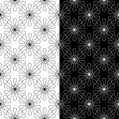Siyah ve beyaz çiçekli süsler. Tekstil ve duvar kağıtları için sorunsuz arka planlar kümesi
