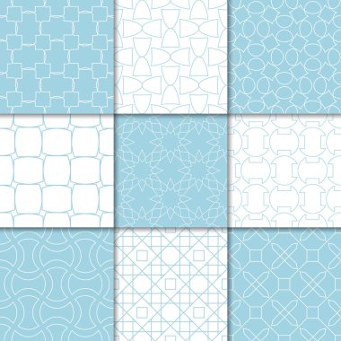 Mavi ve beyaz geometrik süsler. Web, Tekstil ve duvar kağıtları için dikişsiz desen koleksiyonu