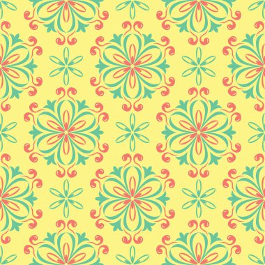 Çiçek tasarım ile Seamless modeli. Parlak sarı arka plan duvar kağıtları, Tekstil ve kumaş için pembe ve yeşil çiçek öğeleri