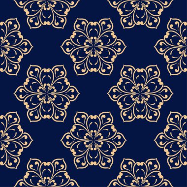 Koyu mavi zemin üzerine altın çiçek öğe. Tekstil ve duvar kağıtları için seamless modeli