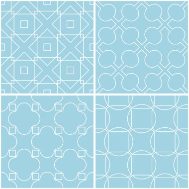 Geometrik desenler. Mavi ve beyaz sorunsuz arka planlar kümesi. Vektör çizim