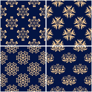 Çiçek desenleri. Altın mavi sorunsuz arka planlar kümesi. Vektör illustraton