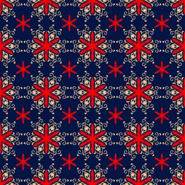 Çiçek sorunsuz arka plan. Duvar kağıtları, Tekstil ve kumaş için mavi arka plan üzerinde kırmızı ve bej çiçek öğeleri