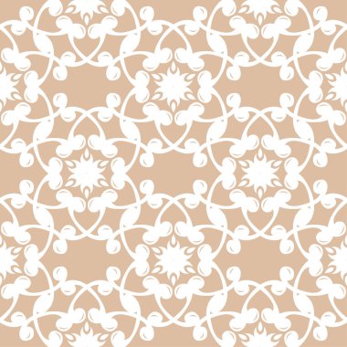 Bej renkli arka plan üzerinde beyaz çiçek süsleme. Tekstil ve duvar kağıtları için seamless modeli