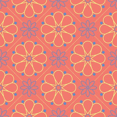 Çiçek seamless modeli. Parlak pembe turuncu arka plan duvar kağıtları, Tekstil ve kumaş için sarı ve mavi çiçek öğeleri ile
