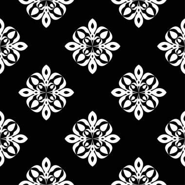 Siyah arka plan üzerine beyaz çiçek süsleme. Tekstil ve duvar kağıtları için seamless modeli