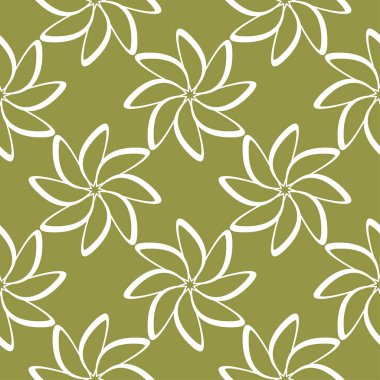 Zeytin yeşil zemin üzerine beyaz çiçek süsleme. Tekstil ve duvar kağıtları için seamless modeli
