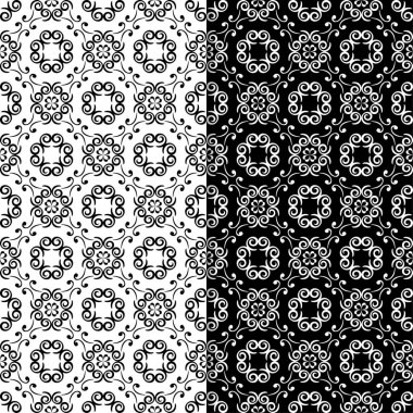 Siyah ve beyaz çiçek arka planlar. Tekstil ve duvar kağıtları için dikişsiz desen seti