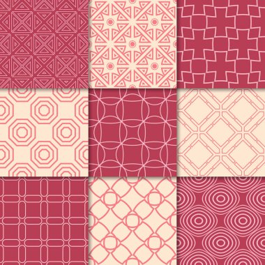 Kiraz kırmızı ve bej geometrik süsler. Web, Tekstil ve duvar kağıtları için dikişsiz desen koleksiyonu