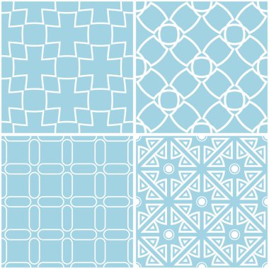 Geometrik desenler. Mavi ve beyaz sorunsuz arka planlar kümesi. Vektör çizim