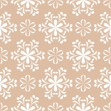 Bej renkli arka plan üzerinde beyaz çiçek süsleme. Tekstil ve duvar kağıtları için seamless modeli