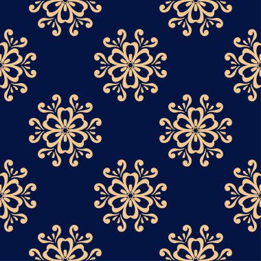 Koyu mavi zemin üzerine altın çiçek süsleme. Tekstil ve duvar kağıtları için seamless modeli