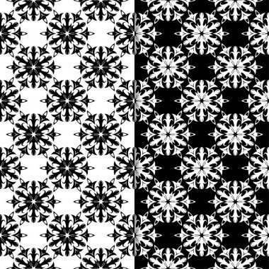 Siyah ve beyaz çiçek arka planlar. Tekstil ve duvar kağıtları için dikişsiz desen seti