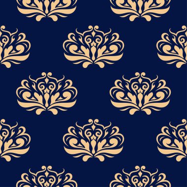 Koyu mavi zemin üzerine altın çiçek süsleme. Tekstil ve duvar kağıtları için seamless modeli