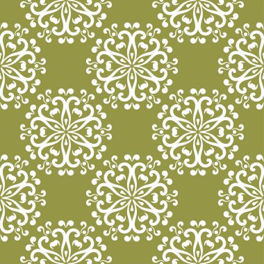 Zeytin yeşil zemin üzerine beyaz çiçek süsleme. Tekstil ve duvar kağıtları için seamless modeli