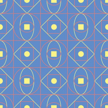 Mavi geometrik sorunsuz arka plan. Tasarım duvar kağıtları, Tekstil ve kumaş kırmızı ve sarı desenli parlak çok renkli