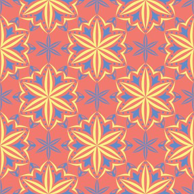 Çiçek tasarım seamless modeli. Duvar kağıtları ve kumaşlar için somon kırmızı zemin üzerine parlak sarı ve mavi çiçek öğeleri