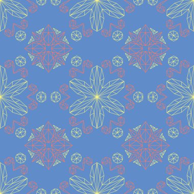 Çiçek seamless modeli. Mavi arka plan üzerinde kırmızı ve sarı çiçek öğeleri