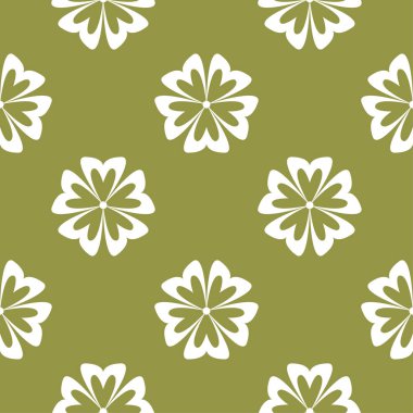Zeytin yeşil zemin üzerine beyaz çiçekler. Tekstil ve duvar kağıtları için süs seamless modeli