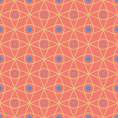 Geometrik seamless modeli. Parlak kırmızı bir arka plan duvar kağıtları, Tekstil ve kumaş için mavi ve sarı tasarımı ile