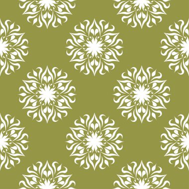 Beyaz çiçek zeytin yeşil zemin üzerine. Tekstil ve duvar kağıtları için seamless modeli