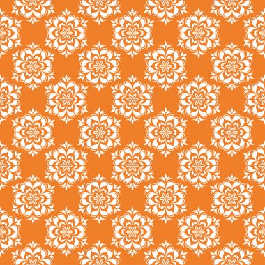 Turuncu zemin üzerine beyaz çiçek süsleme. Tekstil ve duvar kağıtları için seamless modeli