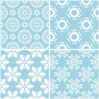 Çiçek desenleri. Mavi ve beyaz sorunsuz arka planlar kümesi. Vektör çizim