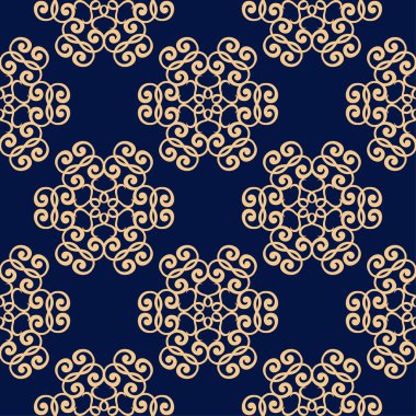 Koyu mavi zemin üzerine altın çiçek süsleme. Tekstil ve duvar kağıtları için seamless modeli