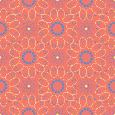 Çiçek tasarım seamless modeli. Duvar kağıtları ve Tekstil için somon kırmızı zemin üzerine parlak sarı ve mavi çiçek öğeleri