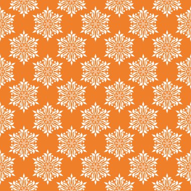 Turuncu zemin üzerine beyaz çiçek süsleme. Tekstil ve duvar kağıtları için seamless modeli