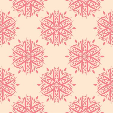 Bej renkli arka plan üzerinde kırmızı çiçekli süs. Tekstil ve duvar kağıtları için seamless modeli